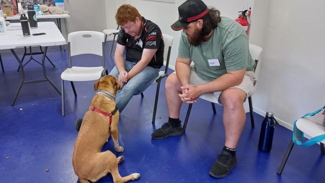 Honey the dog with participant Joshua (left) and his Happy Paws Happy Hearts carer in Mackay. Picture: Contributed