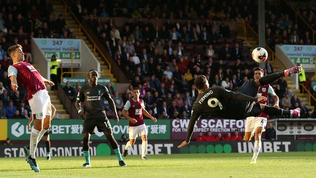 Liverpool’s Roberto Firmino attempts a spectacular volley against Burnley at Turf Moor. Picture: Getty Images