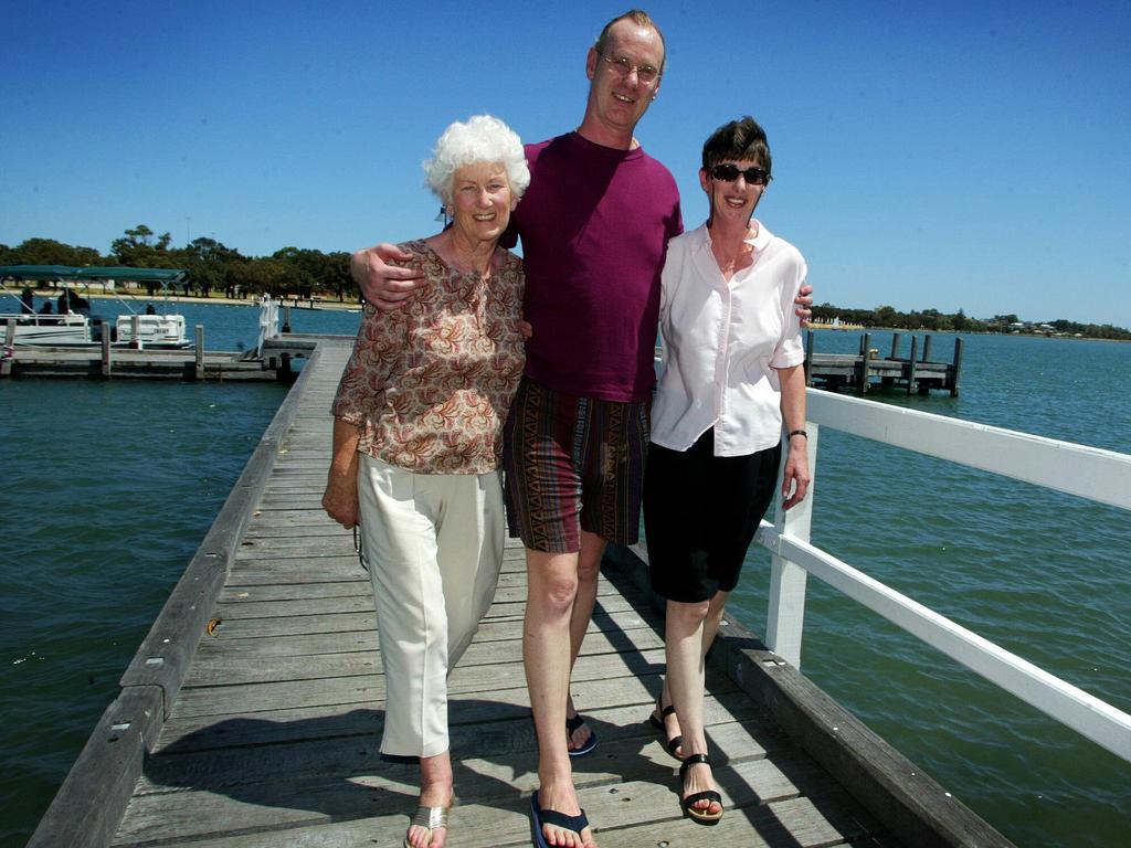 Andrew Mallard with mother Grace and sister Jackie at Mandurah, Perth after being unexpectedly released from Casuarina Prison.