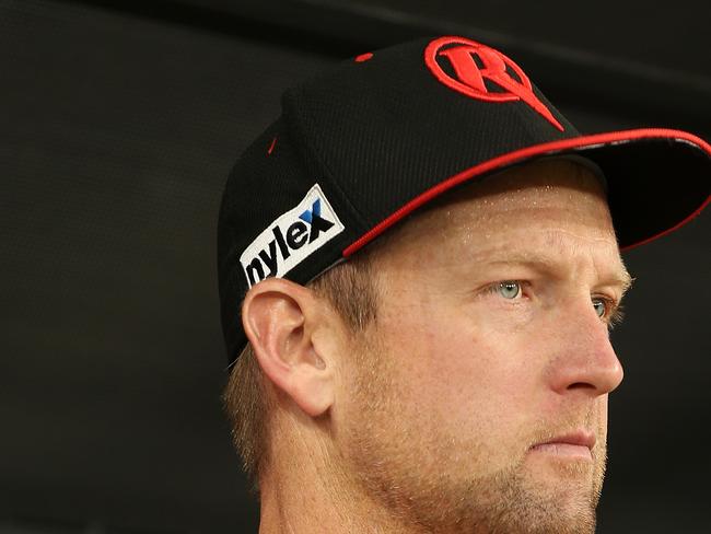 PERTH, AUSTRALIA - JANUARY 28: Cameron White of the Renegades looks on from the bench after retiring hurt during the Big Bash League match between the Perth Scorchers and the Melbourne Renegades at Optus Stadium on January 28, 2019 in Perth, Australia. (Photo by Paul Kane/Getty Images)