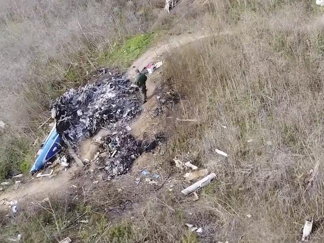 Part of the wreckage of the helicopter crash which killed former NBA basketball player Kobe Bryant, his 13-year-old daughter, Gianna, and seven others. Picture: AP