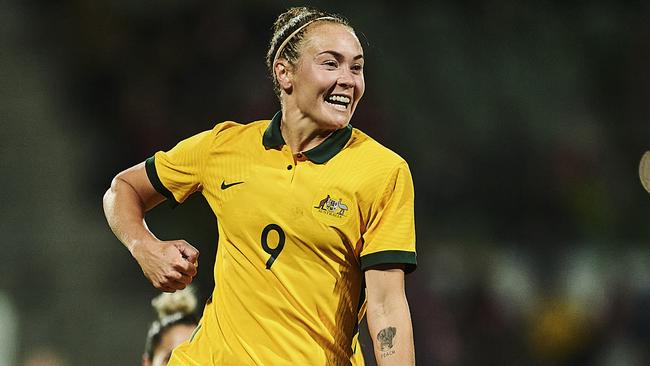 VIBORG, DENMARK - OCTOBER 11: Caitlin Foord of CommBank Matildas celebrating her 1-3 gaol during the Friendly Match between Denmark and CommBank Matildas at Energi Viborg Arena on October 11, 2022 in Viborg, Denmark. (Photo by Jan Christensen / Getty Images)