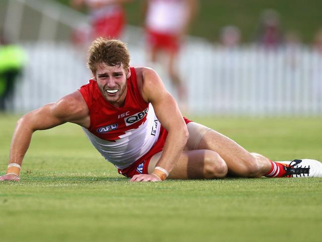 Alex Johnson’s terrible run began when he did his ACL in a 2013 NAB Cup clash. Picture: Getty Images