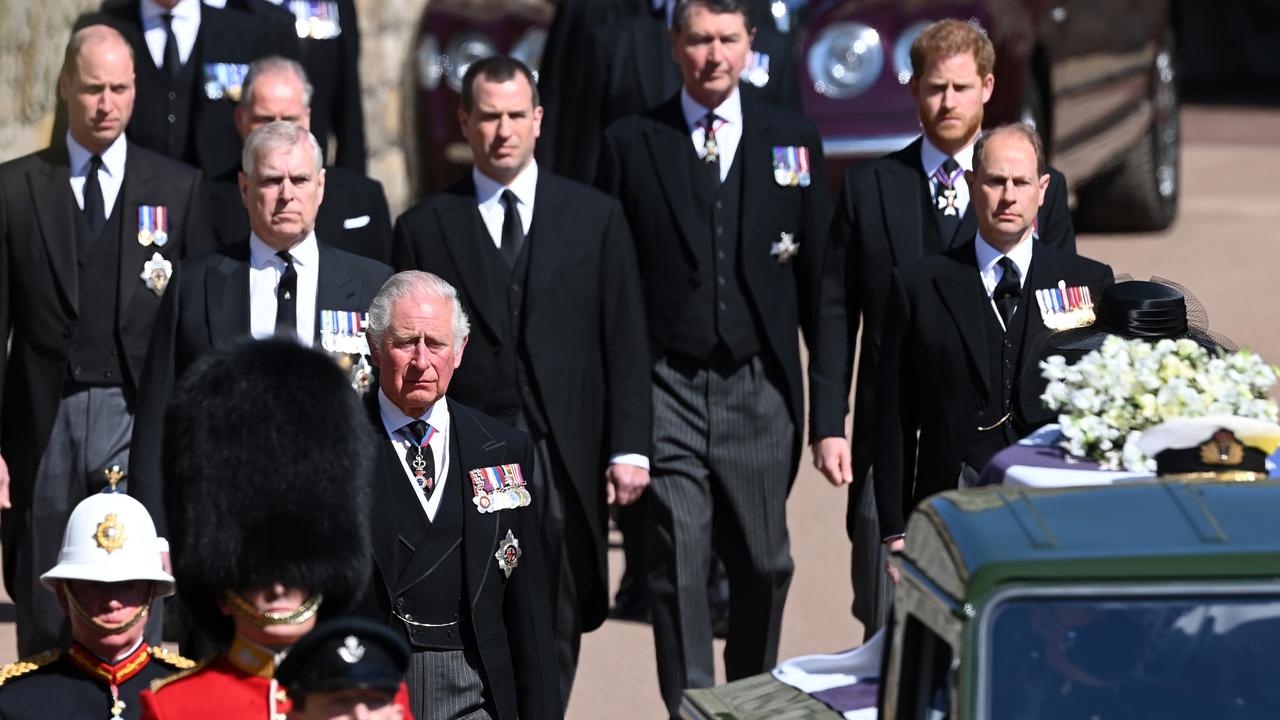 The duke had flown back for the sombre day and Charles and Prince William joined him to talk. Picture: Leon Neal/WPA Pool/Getty Images