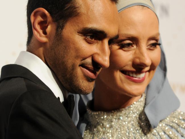 Gold Logie nominee Waleed Aly and Susan Carland arrive at the 2016 Logie Awards at the Crown Casino in Melbourne, Sunday, May 8, 2016. (AAP Image/Joe Castro) NO ARCHIVING