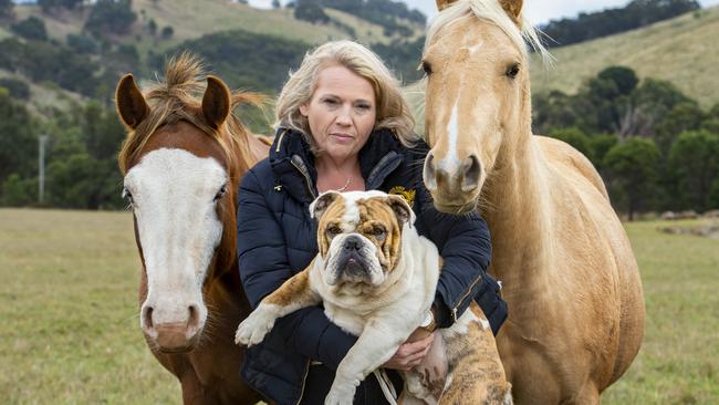 Shelly Biancon with Horses Marty and Diva and British bulldog Patrick. Picture: Zoe Phillips