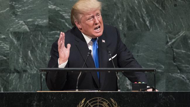 US President Donald Trump addresses the United Nations General Assembly in New York City where he took aim at North Korea. Picture: Drew Angerer/Getty Images/AFP