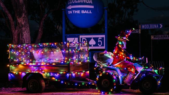 Quilpie Rural Residents Outback Christmas Display winner – Dannielle &amp; Dale Stevenson – Coolbinga Santa on a quad bike towing a trailer of wool all lit up. Credit: Lauran Gilligan