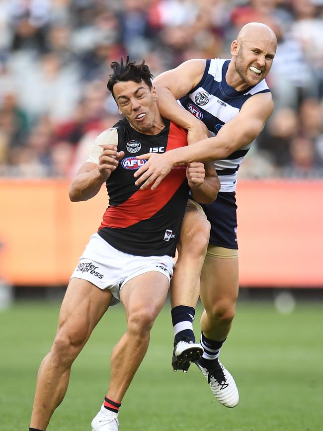 Gary Ablett elbows Dylan Shiel, an incident which resulted in a striking charge before he was cleared at the tribunal. Picture: AAP Image/Julian Smith.