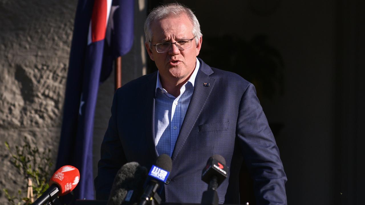 Prime Minister Scott Morrison announced Christian Porter’s resignation in a press conference on Sunday. Picture: NCA NewsWire/Flavio Brancaleone