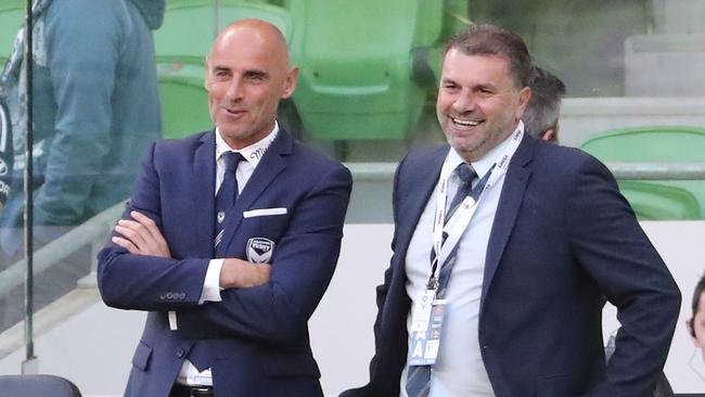 Melbourne Victory coach Kevin Muscat and Socceroos head coach Ange Postecoglou.
