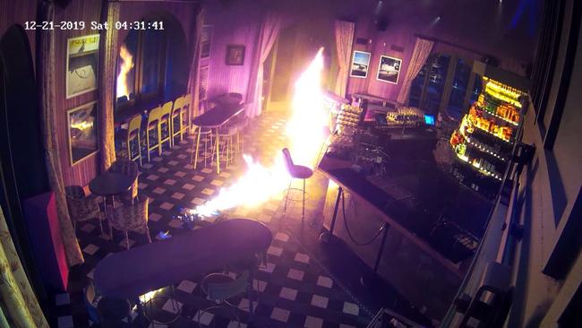 A still from CCTV showing a fire at Mr Percival’s at Howard Smith Wharf in December.