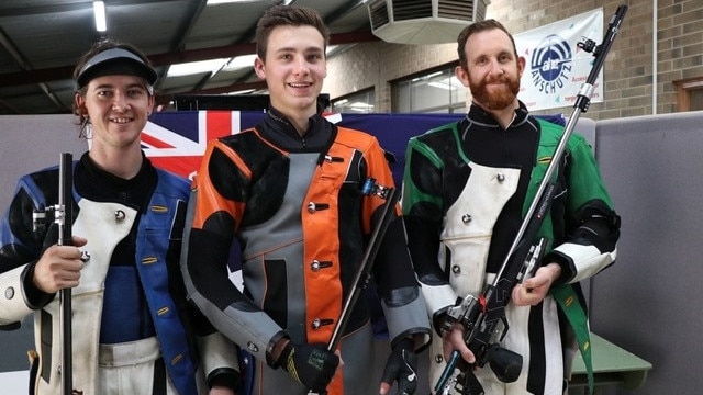 Tokyo Olympics shooting contenders (from left) Jack Rossiter, Alex Hoberg and Dane Sampson. Picture: Shooting Australia