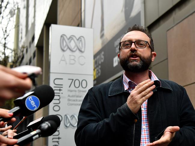 MEAA official Greg Miskelly speaks to the media about Justin Milne’s position as chairman of the ABC. Picture: AAP Image/Joel Carrett