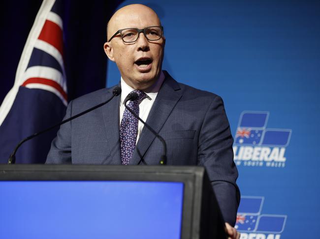 SYDNEY, AUSTRALIA - NewsWire photos NOVEMBER 25, 2023: The Hon Peter Dutton MP, Leader of the Opposition and Parliamentary Leader of the Liberal Party speaks during the Liberal State Convention at the Fullerton Hotel in Sydney. Picture: NCA NewsWire / Dylan Coker