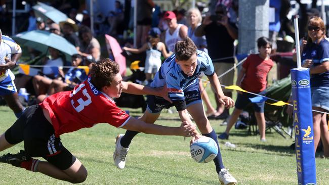 Day two of the King of the Country Rugby Union competition. Pay off between Helensvale Hogs (blue) and Nambour Toads. Photo of Coby Hill scoring. 8 April 2023 Southport Picture by Richard Gosling