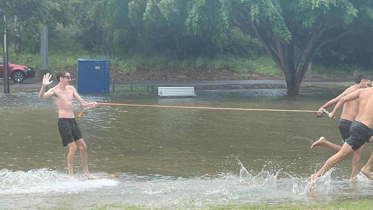Hayden Eales on the makeshift ski on a flooded Hervey Bay oval on Sunday. Picture: Phillip Fynes-Clinton