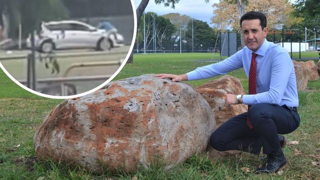 Opposition Leader David Crisafulli inspects new anti-hooning measures rolled out by council at Heatley Park.Inset pic shows a stolen car drove at a child and hooned at the Burt St soccer fields in Aitkenvale.