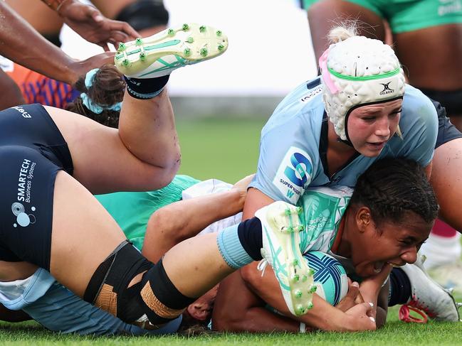 SYDNEY, AUSTRALIA - FEBRUARY 28: Josifini Neihamu of Drua scores a try during the round one Super Rugby Women's match between NSW Waratahs and Fijian Drua at Allianz Stadium on February 28, 2025 in Sydney, Australia. (Photo by Cameron Spencer/Getty Images)