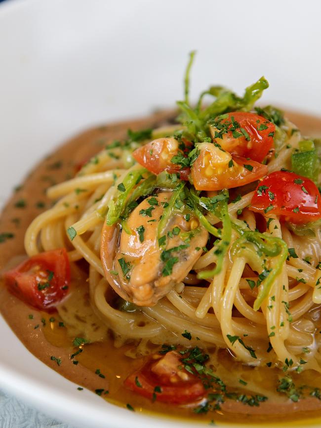 Spaghetti mancini with mussels, friggitello pepper, tomato battuta and parsley at Sotto Sopra in Newport. Picture: Troy Snook