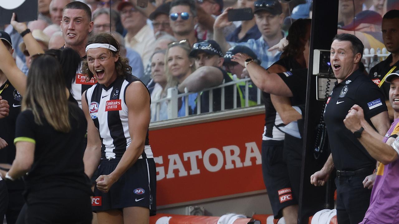 The Pies begin to celebrate on the siren at the grand final. (Photo by Daniel Pockett/AFL Photos/via Getty Images)