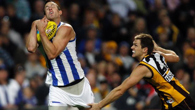 Hawthorn v North Melbourne. Aurora Stadium, Launceston. David Hale marks Picture: