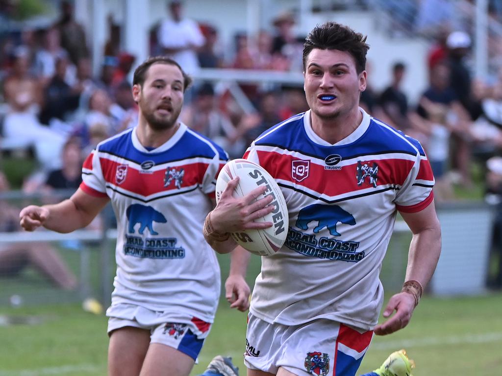 Rhy Young of the Ivanhoe Knights crosses the try line during the CDRL Ivanhoe Knights v Atherton Roosters match at Smithfield Sporting Complex on Saturday afternoon. Picture Emily Barker.