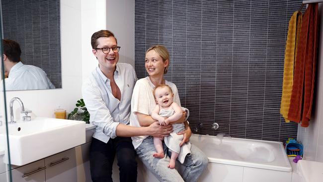 Thomas and Teri Popple pictured with their six-month-old baby daughter, Marla, enjoying bath time. Picture: Sam Ruttyn