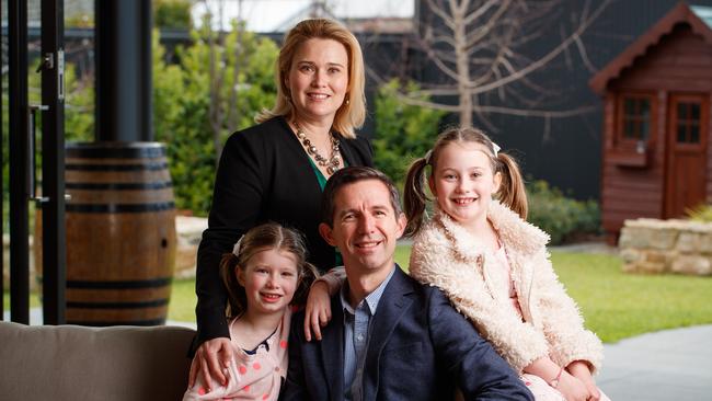 Simon Birmingham and Courtney Morcombe with their daughters Matilda and Amelia. Picture: Matt Turner