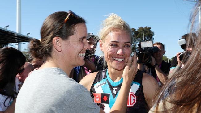 Chelsea Randall with Erin Phillips after the former Crows co-captain’s farewell game with Port Adelaide. Picture: Sarah Reed/AFL Photos via Getty Images