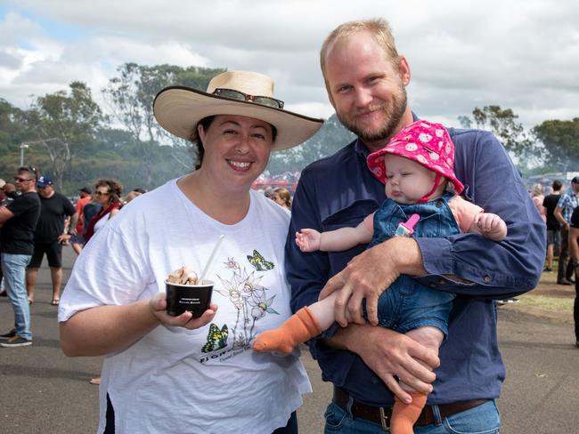 Katie Thomas and Jack Schultz and their daughter Ada Schultz. Meatstock Festival, Toowoomba showgrounds. April 2022