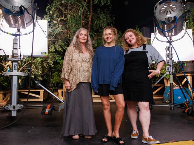 From left to right: Miranda Richardson, Teresa Palmer and Danielle Macdonald on set in Sydney. Picture: Justin Lloyd