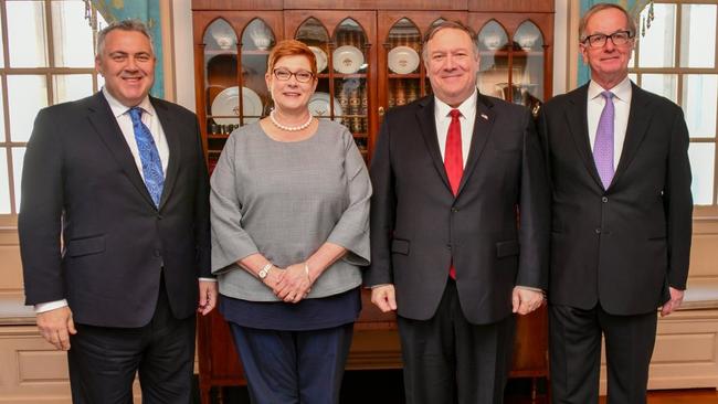 Australian Ambassador to the US Joe Hockey, Foreign Minister Marise Payne, Secretary of State Mike Pompeo and incoming US Ambassador to Australia Arthur Culvahouse at the State Department. Source: Instagram