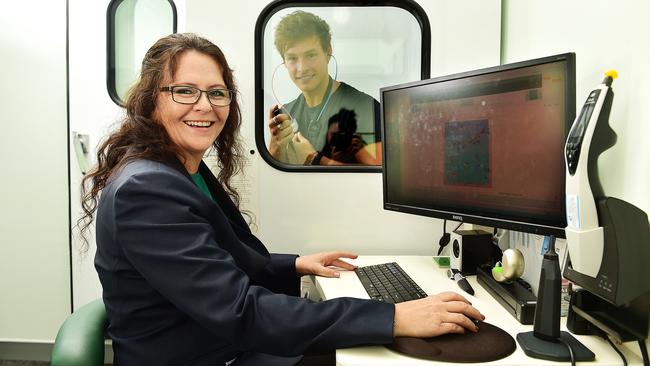 Specsavers Audiologist Henriette Lategan puts musician Trent Bell to the test. Picture: Shae Beplate.