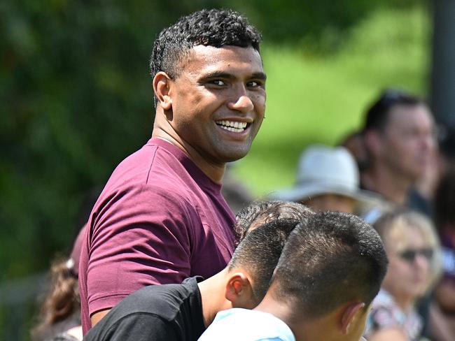 Tevita Pangai Jr was a keen observer at Brisbane’s pre-season training. Picture: Lyndon Mechielsen/Courier Mail