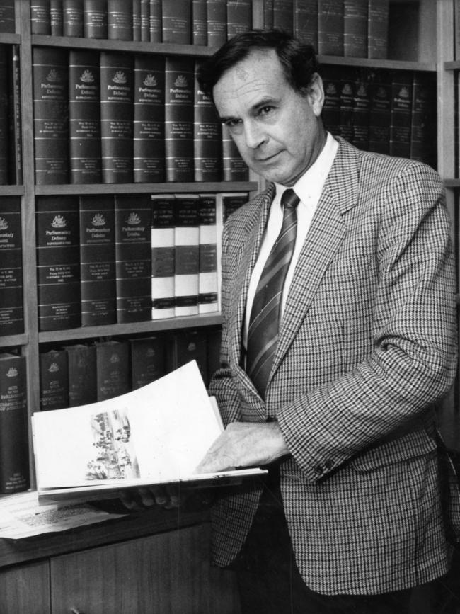 Steele Hall at his office on Fullarton Road as a federal politicians in 1988, commenting on having crossed the floor to vote with the Labor Government on a motion on immigration.
