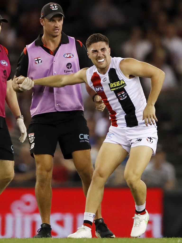 Jade Gresham struggles to stand. Picture: AFL Photos