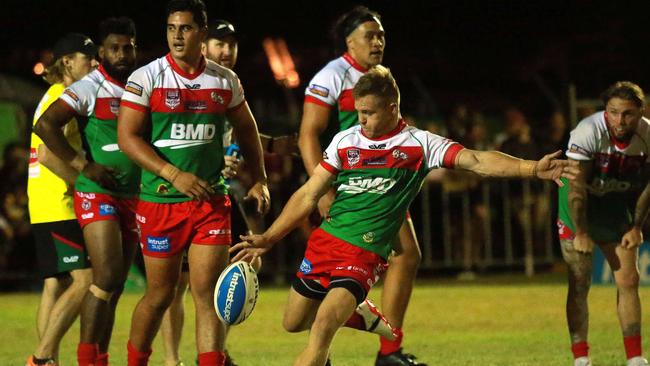 Sam Scarlett kicks during Wynnum Manly’s pre-season trial against the Broncos. Picture: AAP Image