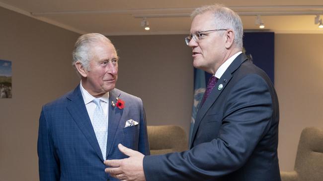 Prince Charles, Prince of Wales greets Prime Minister Scott Morrison at COP26 in Glasgow. Picture: Getty Images