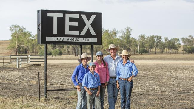 Wendy and Ben Mayne, and their children, Will, Lachie and Rose, on their isolated Texas Angus stud at Warialda in NSW. Picture: Rachel Sherman