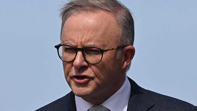 Australian Prime Minister Anthony Albanese speaks during a press conference alongside US President Joe Biden and British Prime Minister Rishi Sunak (not pictured) during the AUKUS summit on March 13, 2023, at Naval Base Point Loma in San Diego California. - AUKUS is a trilateral security pact announced on September 15, 2021, for the Indo-Pacific region. (Photo by Jim WATSON / AFP)