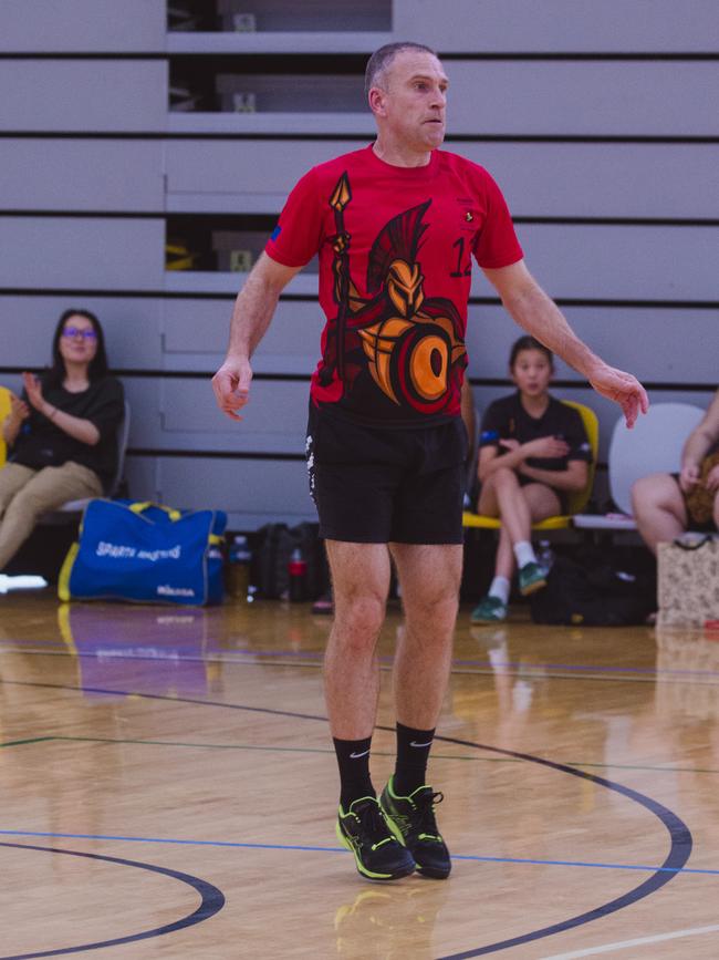Action as Sparta v the Crippled Wombats in the Pan Pacific Masters Games Volleyball tournament. Picture: Glenn Campbell