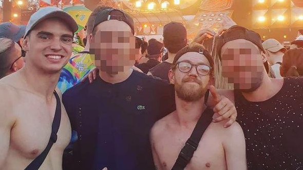 Liam Anderson (second right) with the friend who would kill him, Matthew Flame (left) after the offender consumed up to 13 MDMA tablets.