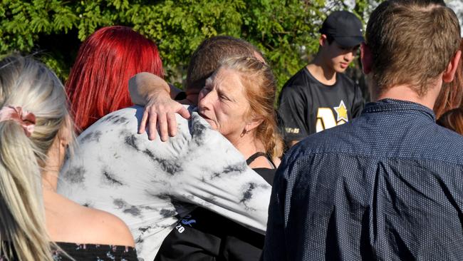 Zac Jones's mum Debbie with family and friends at Loganholme where a special car and motorbike procession was held through Logan to remember Zac on Saturday, June 27. Picture: John Gass