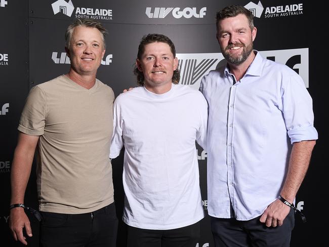 Matt Jones, Cam Smith and Marc Leishman arrive at EOS by SkyCity Adelaide, during LIV Golf Adelaide, Wednesday, Feb. 12, 2025. Picture: Matt Loxton