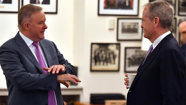 Anthony Albanese with predecessor Bill Shorten in Canberra after delivering his vision statement to the Labor caucus. Picture: AAP