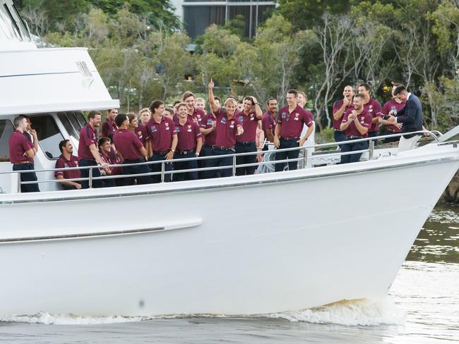 Players arrive by boat to the Brisbane Lions season launch at Howard Smith Wharves on Tuesday evening. Picture: Lachie Millard