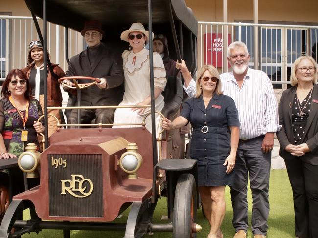 (L-R) Cr Julie Mathews, Jessica Griffin (dressed up as a pilot), Catherine McCabe, Cr Kate Hastie, Cr Alan Barr and Mayor Liz Schmidt.