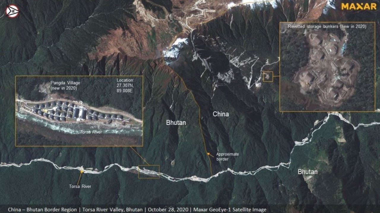 Satellite photo showing 'Chinese' village is in Bhutan. Picture: Maxar Technologies / NDTV.