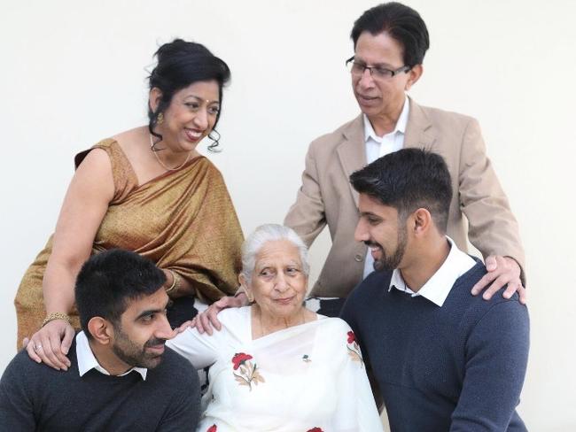 Pushplata (middle) with daughter-in-law Anita (top left), son Ashwini (top right), and grandsons Akhil (left) and Arun (right). Picture: Supplied